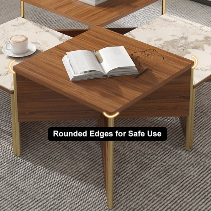 HMR - 39.4" Square Modern Sintered Stone Coffee Table Walnut Veneer Coffee Table in Gold Frame