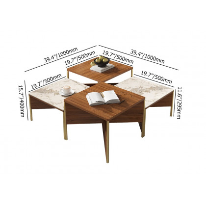 HMR - 39.4" Square Modern Sintered Stone Coffee Table Walnut Veneer Coffee Table in Gold Frame
