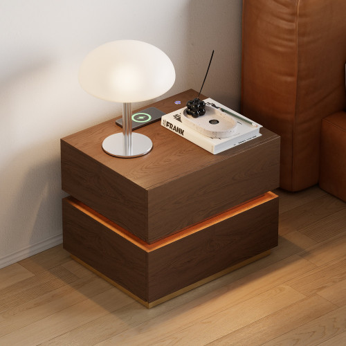 HMR Nightstand with Light & Charging Station - Walnut, 2 Drawers, Set Of 2