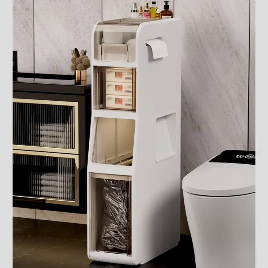 HMR - Freestanding Slim Storage Cabinet Bathroom Narrow with Toilet Paper Holder & Trash Can