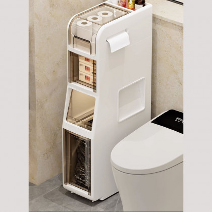 HMR - Freestanding Slim Storage Cabinet Bathroom Narrow with Toilet Paper Holder & Trash Can