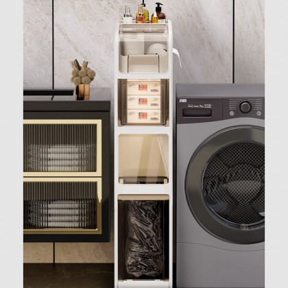 HMR - Freestanding Slim Storage Cabinet Bathroom Narrow with Toilet Paper Holder & Trash Can