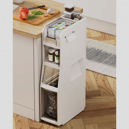 HMR - Freestanding Slim Storage Cabinet Bathroom Narrow with Toilet Paper Holder & Trash Can