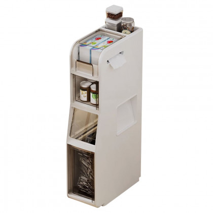 HMR - Freestanding Slim Storage Cabinet Bathroom Narrow with Toilet Paper Holder & Trash Can