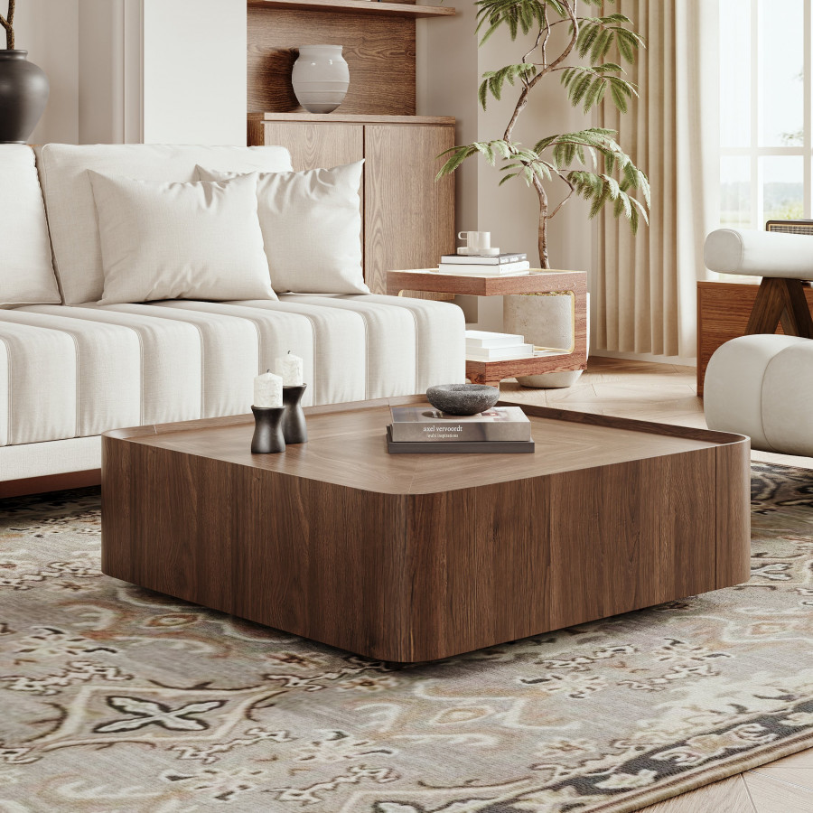 HMR - 35" Square Walnut Mid Century Coffee Table with Storage