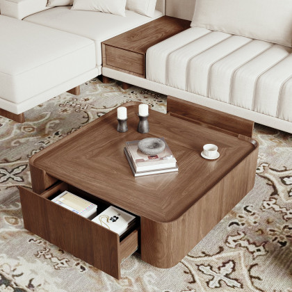 HMR - 35" Square Walnut Mid Century Coffee Table with Storage