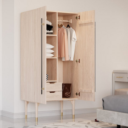 HMR Fluted Armoire Wardrobe Closet Clothing Organizer Cabinet with 2 Doors - Washed White
