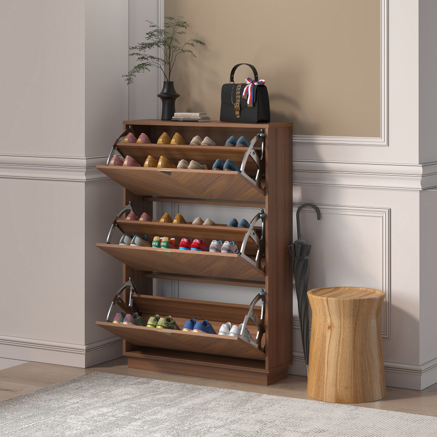 HMR - Capet Walnut Narrow Shoe Storage Cabinet with Flip Down Large Capacity up to 20 Pairs
