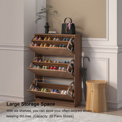 HMR - Capet Walnut Narrow Shoe Storage Cabinet with Flip Down Large Capacity up to 20 Pairs