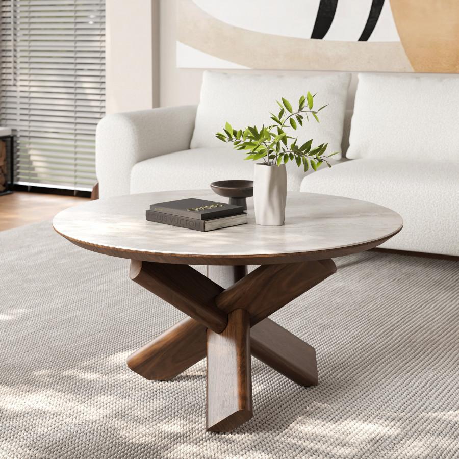 HMR - 35" Round Travertine Stone Top Solid Wood Coffee Table