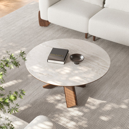 HMR - 35" Round Travertine Stone Top Solid Wood Coffee Table