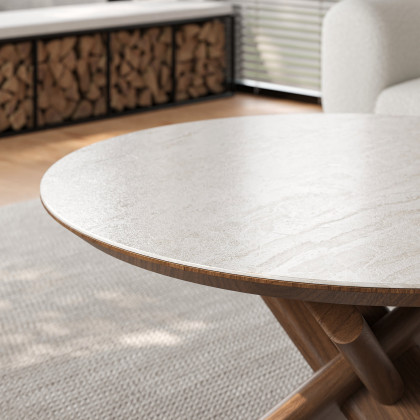 HMR - 35" Round Travertine Stone Top Solid Wood Coffee Table