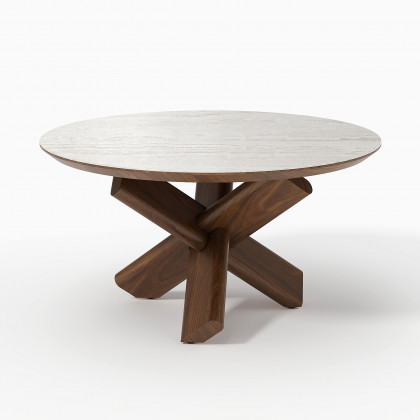 HMR - 35" Round Travertine Stone Top Solid Wood Coffee Table