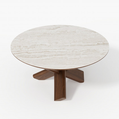 HMR - 35" Round Travertine Stone Top Solid Wood Coffee Table