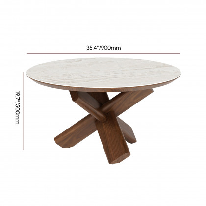 HMR - 35" Round Travertine Stone Top Solid Wood Coffee Table