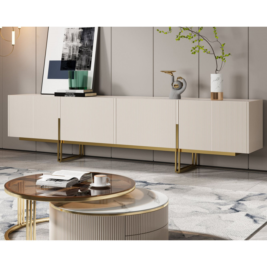HMR Grovyn Sintered Stone Top Fluted TV Stand with Storage - Off White, 94.5"W x 17.7"D x 23.6"H, Without Fireplace