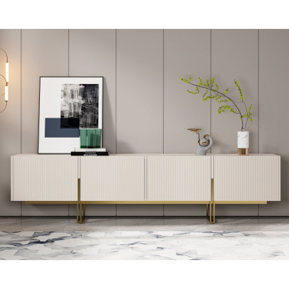 HMR Grovyn Sintered Stone Top Fluted TV Stand with Storage - Off White, 94.5"W x 17.7"D x 23.6"H, Without Fireplace