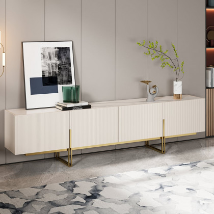 HMR Grovyn Sintered Stone Top Fluted TV Stand with Storage - Off White, 94.5"W x 17.7"D x 23.6"H, Without Fireplace