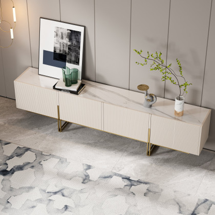 HMR Grovyn Sintered Stone Top Fluted TV Stand with Storage - Off White, 94.5"W x 17.7"D x 23.6"H, Without Fireplace
