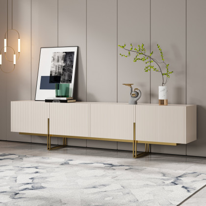 HMR Grovyn Sintered Stone Top Fluted TV Stand with Storage - Off White, 94.5"W x 17.7"D x 23.6"H, Without Fireplace