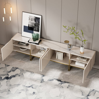 HMR Grovyn Sintered Stone Top Fluted TV Stand with Storage - Off White, 94.5"W x 17.7"D x 23.6"H, Without Fireplace