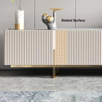 HMR Grovyn Sintered Stone Top Fluted TV Stand with Storage - Off White, 94.5"W x 17.7"D x 23.6"H, Without Fireplace