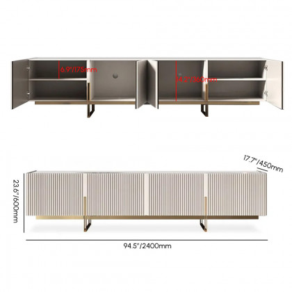 HMR Grovyn Sintered Stone Top Fluted TV Stand with Storage - Off White, 94.5"W x 17.7"D x 23.6"H, Without Fireplace