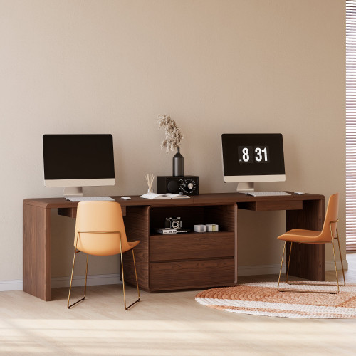 HMR 94.5" 2-Person Double Desk Modern Retangular Office Desk 4 Drawers & 1 Cabinet - Brown
