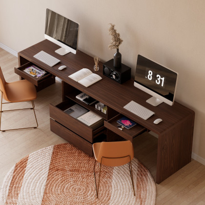 HMR 94.5" 2-Person Double Desk Modern Retangular Office Desk 4 Drawers & 1 Cabinet - Brown