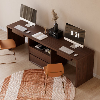 HMR 94.5" 2-Person Double Desk Modern Retangular Office Desk 4 Drawers & 1 Cabinet - Brown