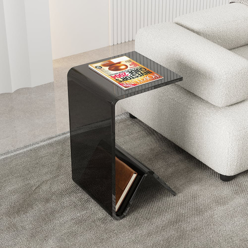 HMR C-shaped End Table with Storage Transparent Acrylic Small Space Side Table - Black