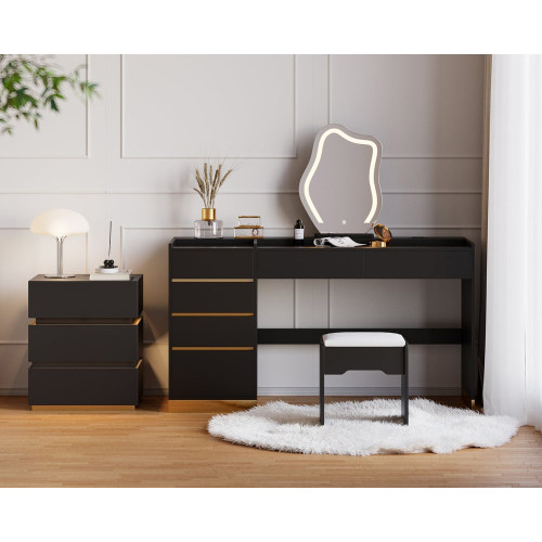 HMR LED Mirror Makeup Vanity Set with 2 Smart Nightstands - Black, 3 Drawers