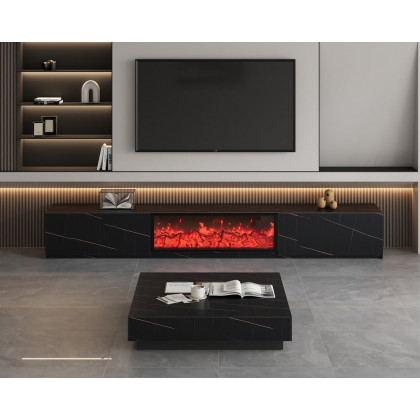 HMR Electric Fireplace TV Stand with 2 Drawers - Black, Sintered Stone, 86.6"W×15.4"D×15.4"H