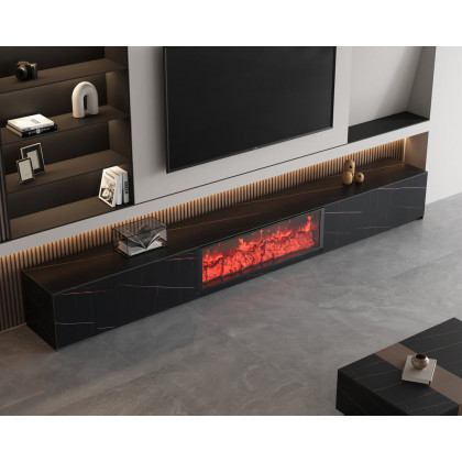 HMR Electric Fireplace TV Stand with 2 Drawers - Black, Sintered Stone, 86.6"W×15.4"D×15.4"H