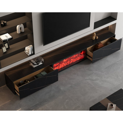 HMR Electric Fireplace TV Stand with 2 Drawers - Black, Sintered Stone, 86.6"W×15.4"D×15.4"H