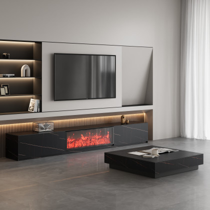 HMR Electric Fireplace TV Stand with 2 Drawers - Black, Sintered Stone, 86.6"W×15.4"D×15.4"H