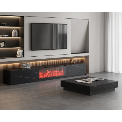 HMR Electric Fireplace TV Stand with 2 Drawers - Black, Sintered Stone, 86.6"W×15.4"D×15.4"H
