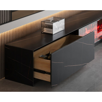 HMR Electric Fireplace TV Stand with 2 Drawers - Black, Sintered Stone, 86.6"W×15.4"D×15.4"H