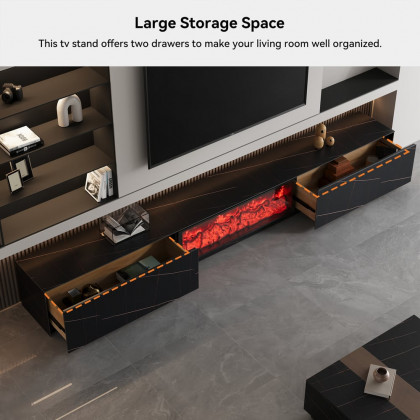 HMR Electric Fireplace TV Stand with 2 Drawers - Black, Sintered Stone, 86.6"W×15.4"D×15.4"H