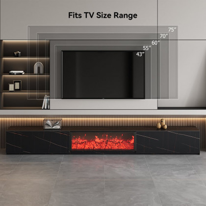 HMR Electric Fireplace TV Stand with 2 Drawers - Black, Sintered Stone, 86.6"W×15.4"D×15.4"H