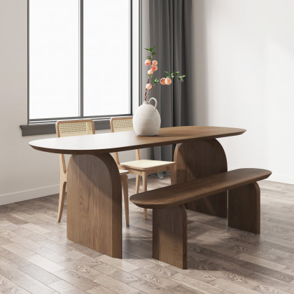 HMR Tintica Seires Japandi Oval Solid Wood Dining Bench Seats 1-2 People - Walnut, 51"
