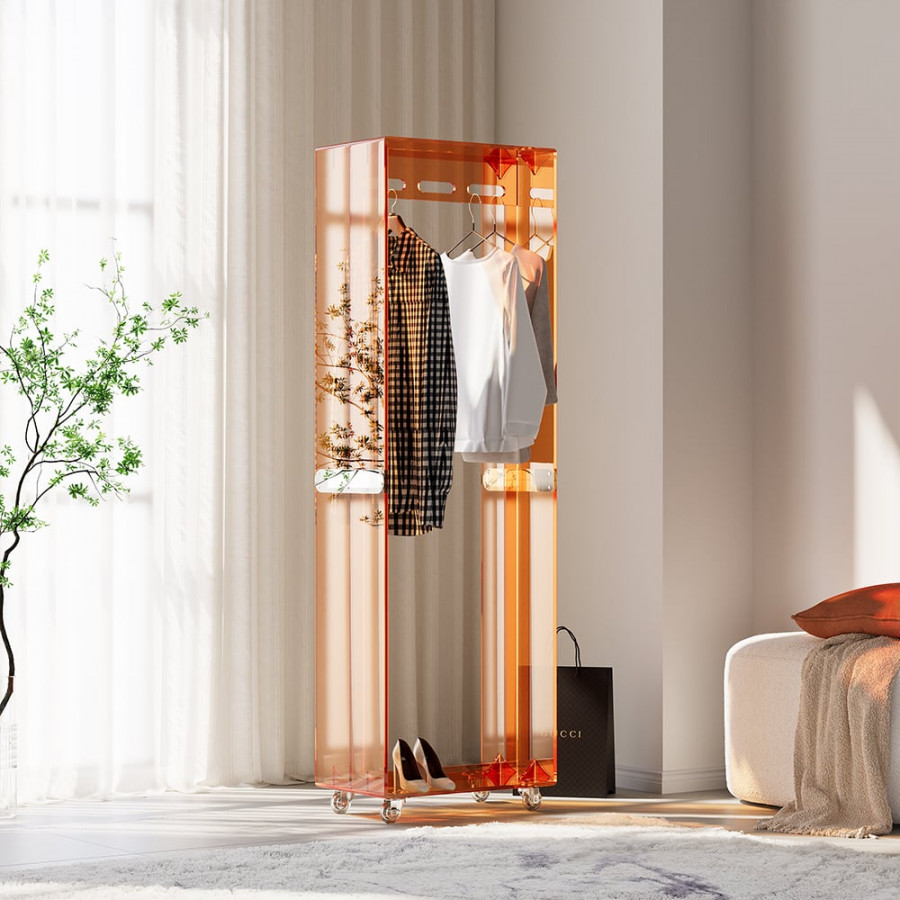 HMR - 63" Modern Orange Narrow Hall Tree for Closet with Rolling Casters & 3 Hanging Area