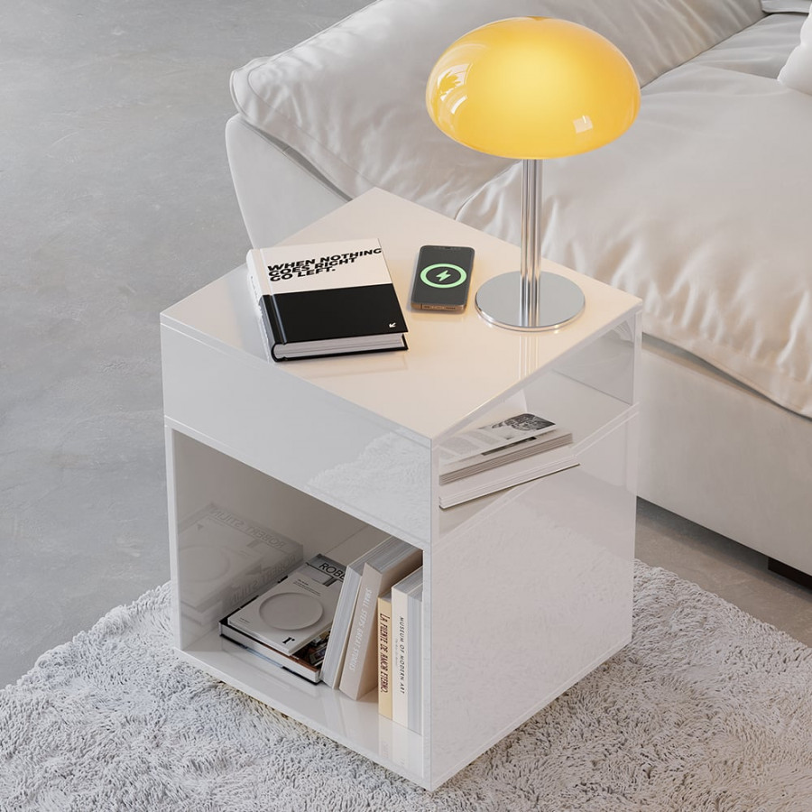 HMR - Mordelle Modern Side Table with Open Storage End Table with Charging Station Nightstand