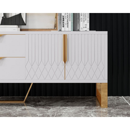 HMR Aro Modern Wood TV Stand with 2 Drawers & 4 Doors Small Media Console - White, 59.1''W x 15.7''D x 19.3''H