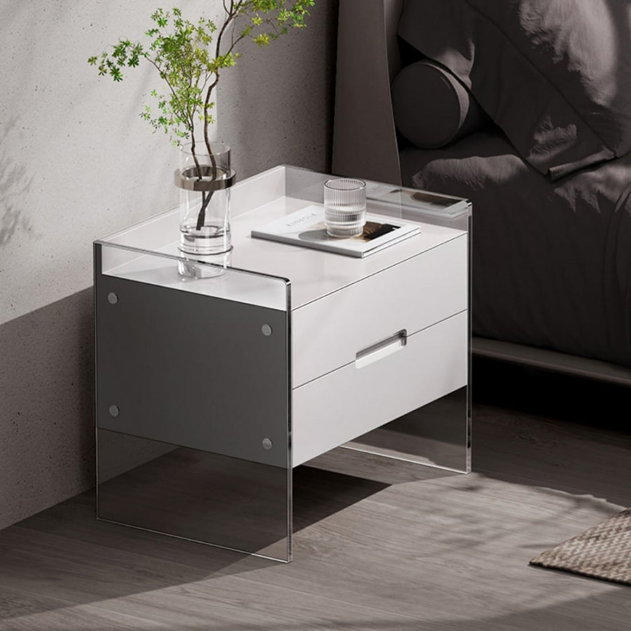 HMR - Modern Floating White Nightstand Acrylic Bedside Table with 2 Drawers