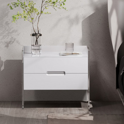 HMR - Modern Floating White Nightstand Acrylic Bedside Table with 2 Drawers