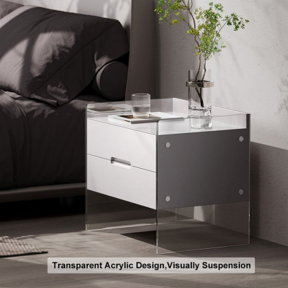 HMR - Modern Floating White Nightstand Acrylic Bedside Table with 2 Drawers