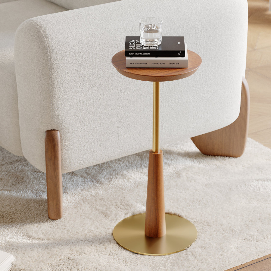 HMR - 9" Round Walnut Mid Century Drink Table