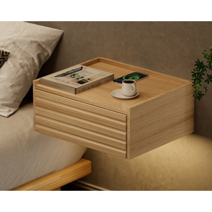 HMR Japanese Style King Low Bed Frame Natural Floor Bed & Floating Wooden Nightstands Set - Natural, King