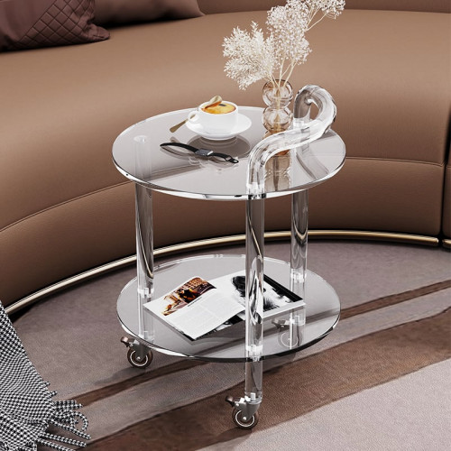 HMR - Modern Clear Acrylic Bar Cart Rolling Serving Trolley with 2 Tiers & Handle